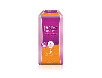 Poise liners regular, with 'buy now' button and 'learn more' link